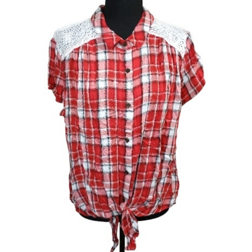Plaid Shirt Cap Sleeves Tie-Knot Waist Lace Shoulders Boho Top Summer Sz XL